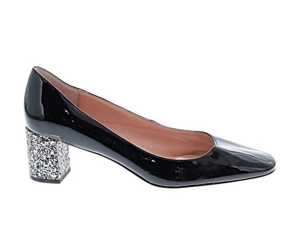 NEW KATE SPADE Charlize Glitter Heel Pumps Black Patent Leather Shoes Sz 9.5